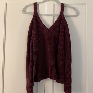 Burgundy cold shoulder sweater.